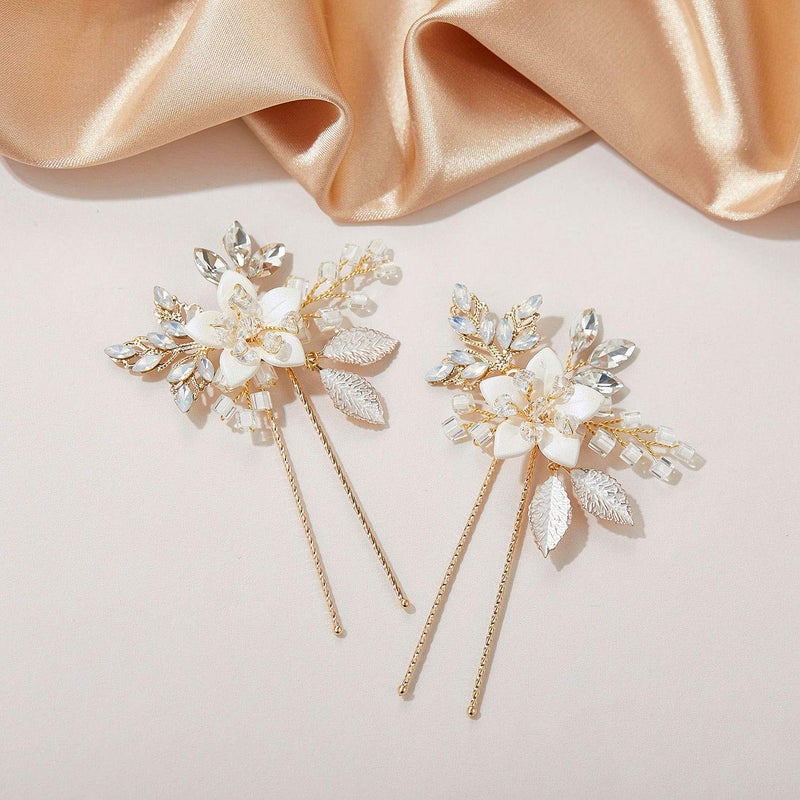 SWEETV 2Pcs Handmade Wedding Hair Pins,Flower Bridal Hair Pin-Beaded Wedding Hair Accessories for Brides - Image 4